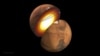 This artist’s concept shows a cutaway of Mars, along with the paths of seismic waves from two separate quakes in 2021.