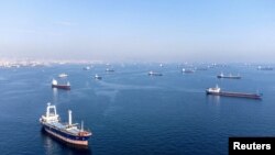 FILE: Commercial vessels, including some that are part of the Black Sea grain deal, wait to pass the Bosphorus strait off the shores of Yenikapi, in Istanbul, Turkey, Oct. 31, 2022.