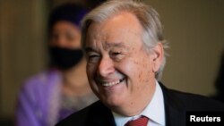 U.N. Secretary-General Antonio Guterres smiles while speaking to the media as U.N. General Assembly appointed him for a second five-year term from January 1, 2022, in New York City, New York, U.S., June 18, 2021.