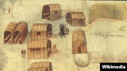 Village of the Algonquin-speaking Secotan in North Carolina. Watercolour painted by John White, 1585.