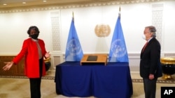 Linda Thomas-Greenfield, the new U.S. ambassador to the United Nations, presents her credentials to U.N. Secretary-General Antonio Guterres at U.N. headquarters, Feb. 25, 2021.