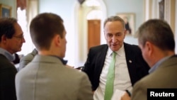 El senador Chuck Schumer, demócrata por Nueva York, habla con los reporteros durante un receso en la votación del Senado, el sábado.