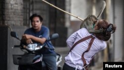 A long-tailed macaque attacks an employee of a shop before officials started capturing monkeys in Lopburi, Thailand, Feb. 3, 2024.