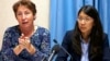 无国界医生组织（ MSF）的法律顾问索尔尼尔（左）和国际无国界医生组织的主席乔安妮刘（右）在瑞士日内瓦的新闻发布会上发表讲话（2015年10月7日）。