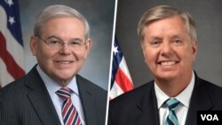 参议院外交关系委员会主席梅嫩德斯参议员（Sen. Bob Menendez, D-NJ）（左）和参议院预算委员会首席共和党议员格雷厄姆（Sen. Lindsey Graham, R-SC）（右）