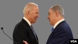 Joe Biden quando era vice presidente de Barack Obama com primeiro ministro israelita Benjamin Netanyauh