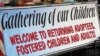 Photo shows banner at an annual pow wow organized by First Nations Repatriation Institute to welcome returning adoptees and fostered children back to the reservation. Courtesy: Sandy White Hawk.