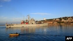 A ship carrying 49 migrants, according to Italian authorities, arrives at the Albanian port of Shengjin days after Italy resumed following a months-long pause on the transfer of asylum seekers to its maritime neighbor, on Jan. 28, 2025.
